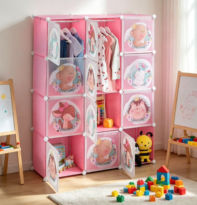 Plug-in Kids Shelving Unit, 2 Clothes Rods, Animal Doors, Pink, 145x110x37 cm